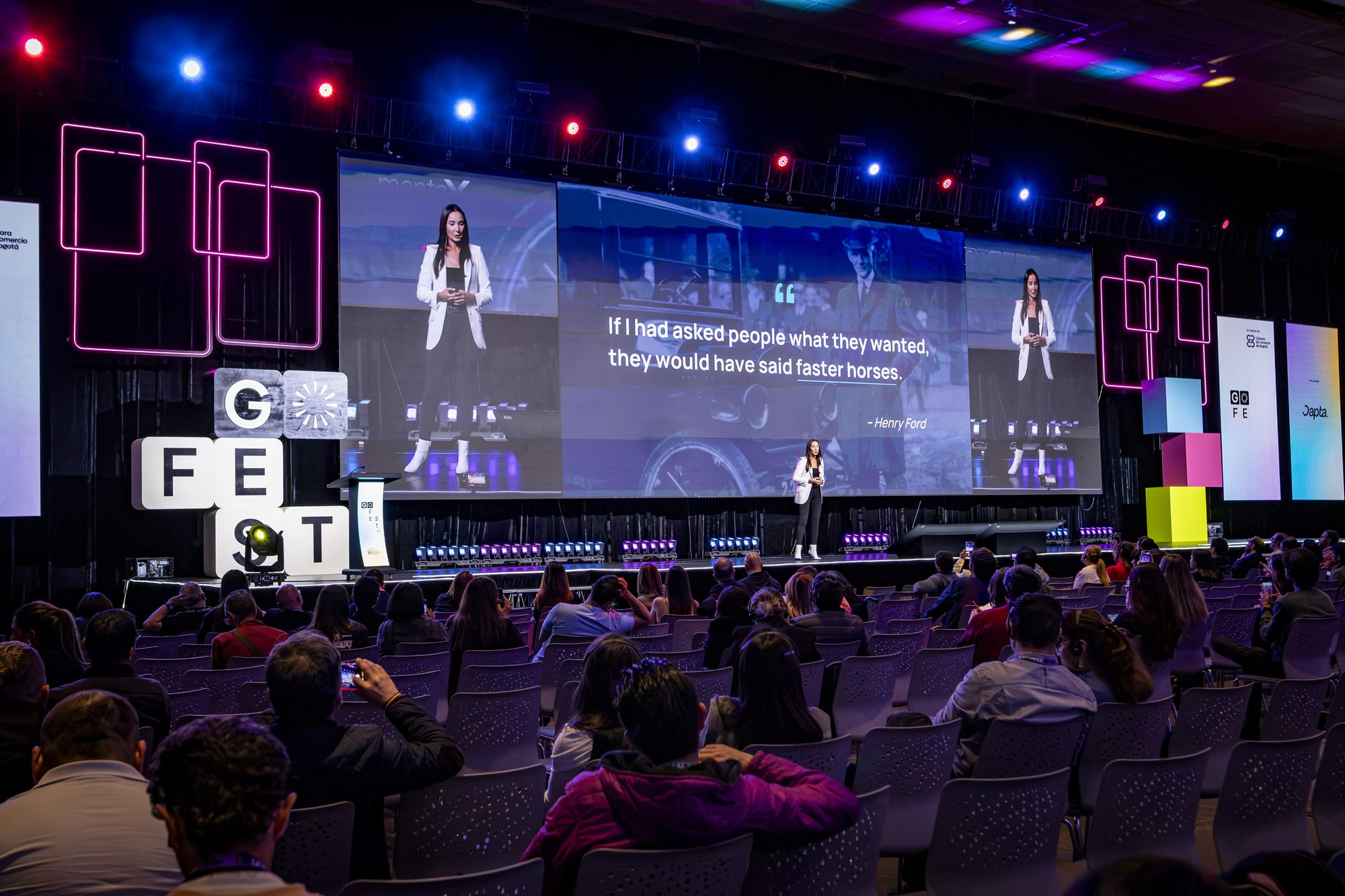 Sam Rad keynoting to a full auditorium at GOFEST in Bogota