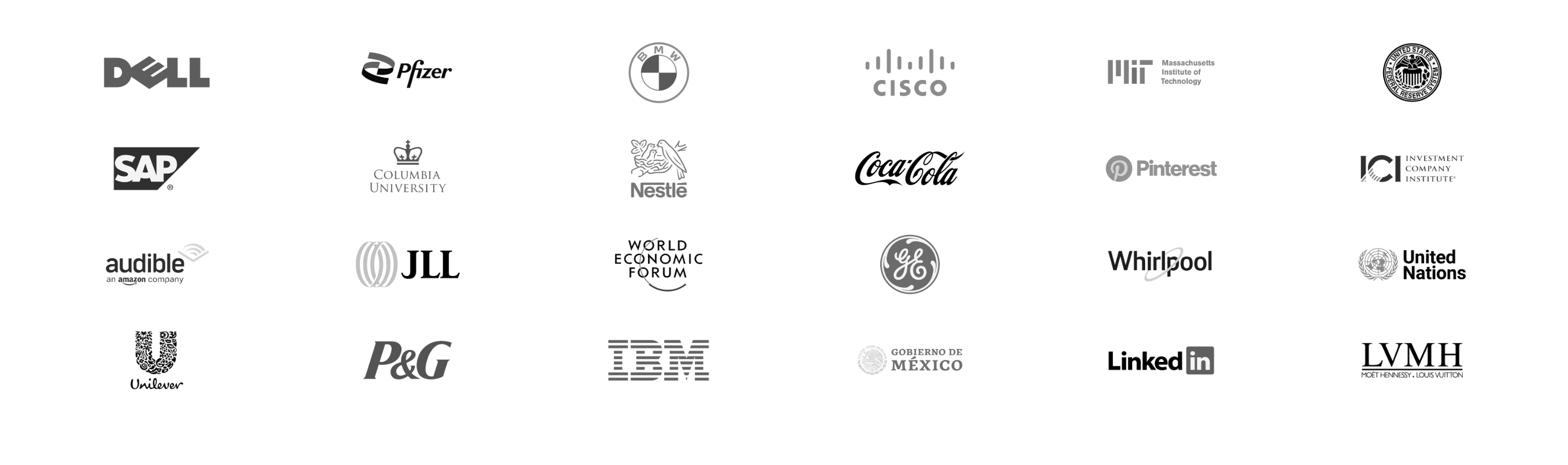 Past audiences include Dell, Pfizer, BMW, Cisco, MIT, the Federal Reserve, SAP, Columbia University, Nestle, Coca-Cola, Pinterest, ICI, Audible, JLL, the World Economic Forum, GE, Whirlpool, the United Nations, Unilever, P&G, IBM, Gobierno de Mexico, LinkedIn, and LVMH